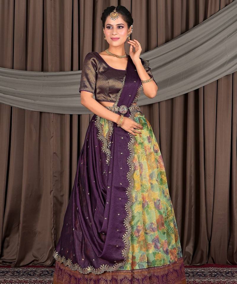 Sea Green & Wine Floral Digital Print Zari Tissue Lehenga