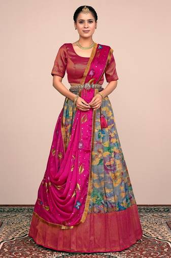 Fuchsia Pink & GREAY Floral Designer Banarasi Lehenga