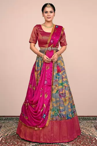 Fuchsia Pink & GREAY Floral Designer Banarasi Lehenga