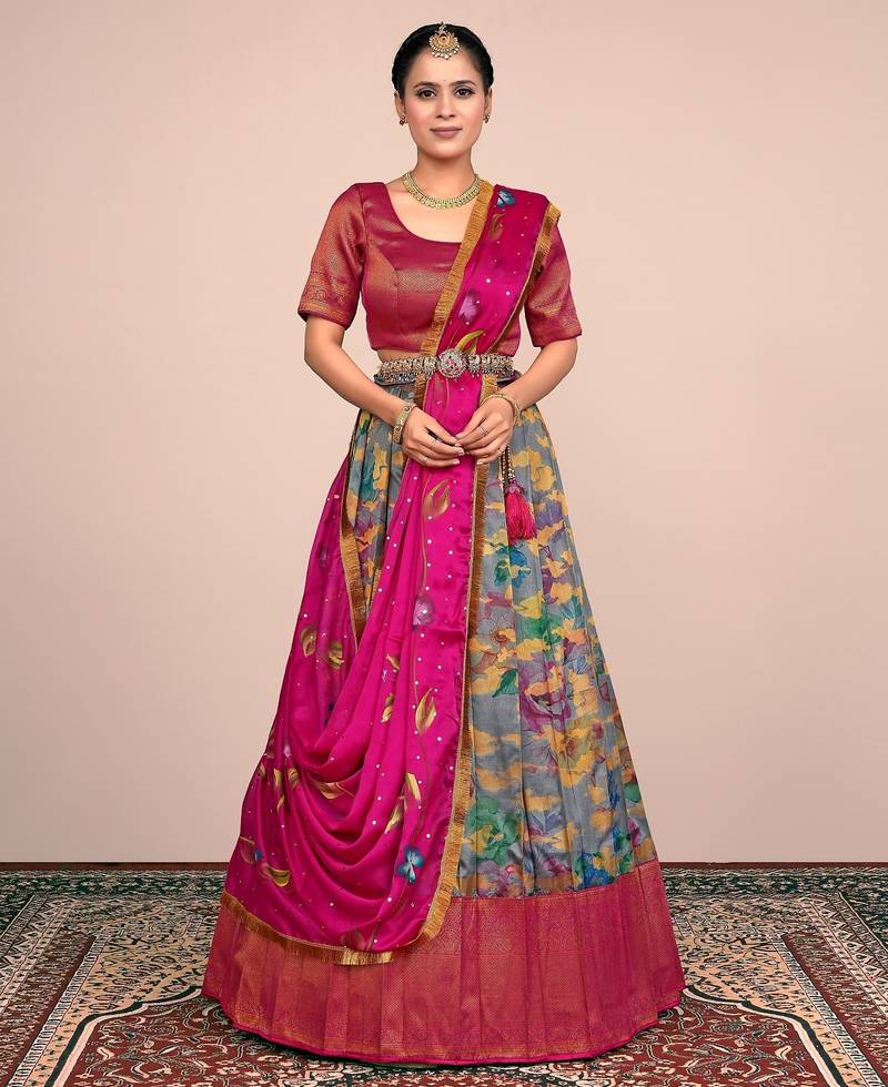 Fuchsia Pink & GREAY Floral Designer Banarasi Lehenga