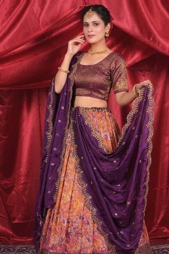 Classic Peach & Plum Purple with Golden Floral Zari Tissue Lehenga