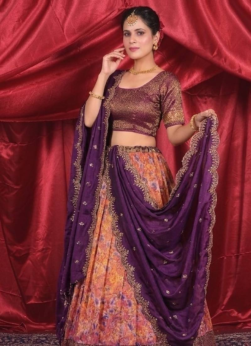 Classic Peach & Plum Purple with Golden Floral Zari Tissue Lehenga