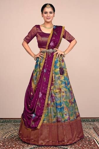 WINE & GREAY Floral Designer Banarasi Lehenga