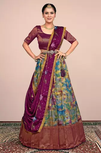 WINE & GREAY Floral Designer Banarasi Lehenga