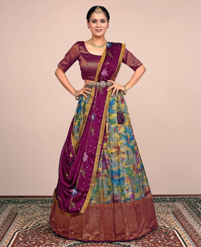 WINE & GREAY Floral Designer Banarasi Lehenga