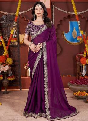 Designer purple heavy embroidered silk blend party wear saree with blouse 2