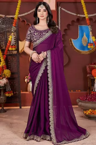 Designer purple heavy embroidered silk blend party wear saree with blouse