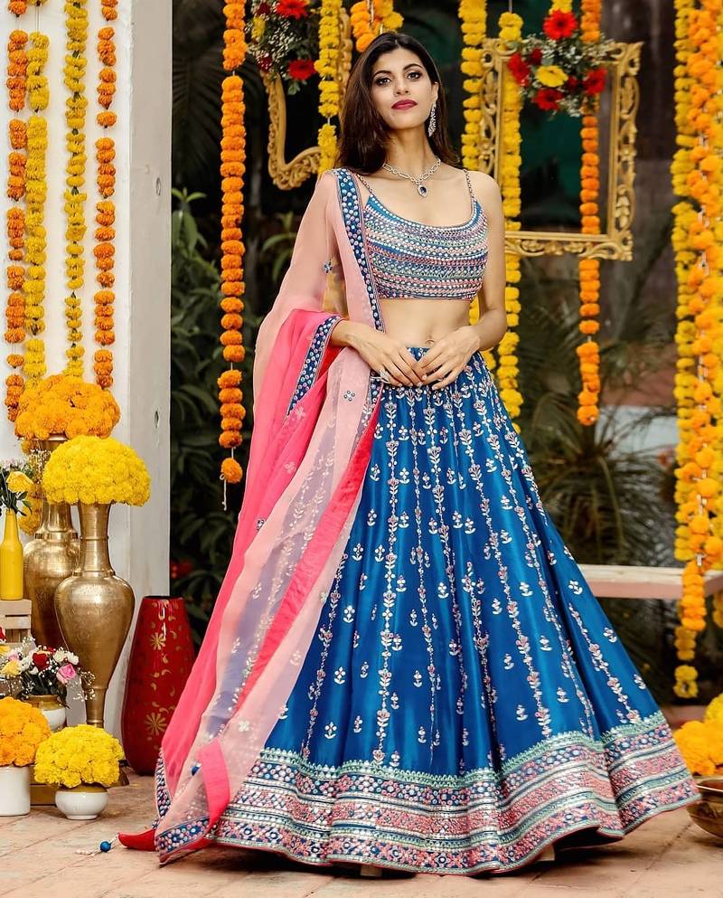Stylish Teal Blue Chinon Lehenga with Rich Embroidery & Heavy Flair