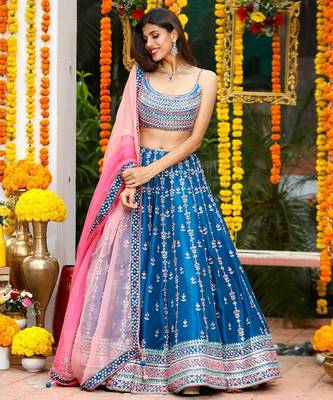 Stylish Teal Blue Chinon Lehenga with Rich Embroidery & Heavy Flair 3