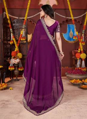 Designer purple heavy embroidered silk blend party wear saree with blouse 3