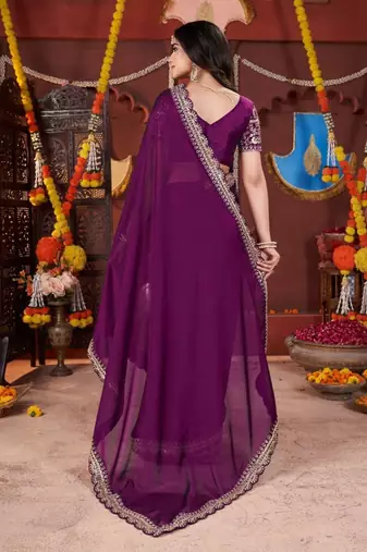 Designer purple heavy embroidered silk blend party wear saree with blouse