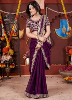 Designer purple heavy embroidered silk blend party wear saree with blouse 4