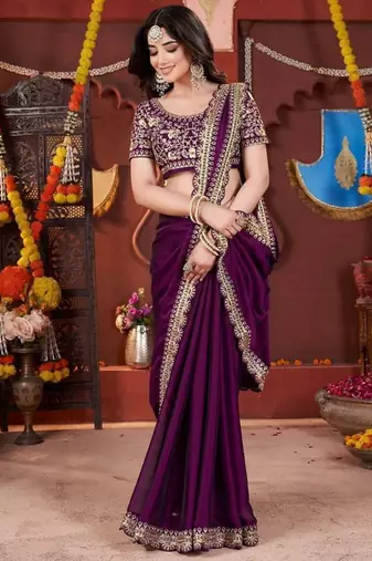 Designer purple heavy embroidered silk blend party wear saree with blouse