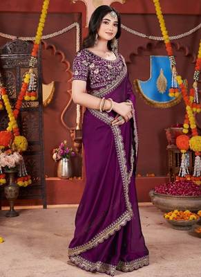 Designer purple heavy embroidered silk blend party wear saree with blouse 5
