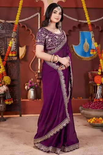 Designer purple heavy embroidered silk blend party wear saree with blouse
