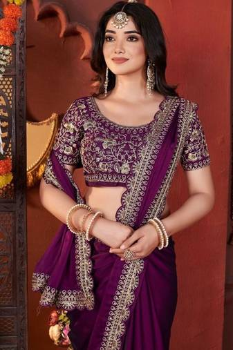 Designer purple heavy embroidered silk blend party wear saree with blouse
