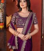 Designer purple heavy embroidered silk blend party wear saree with blouse