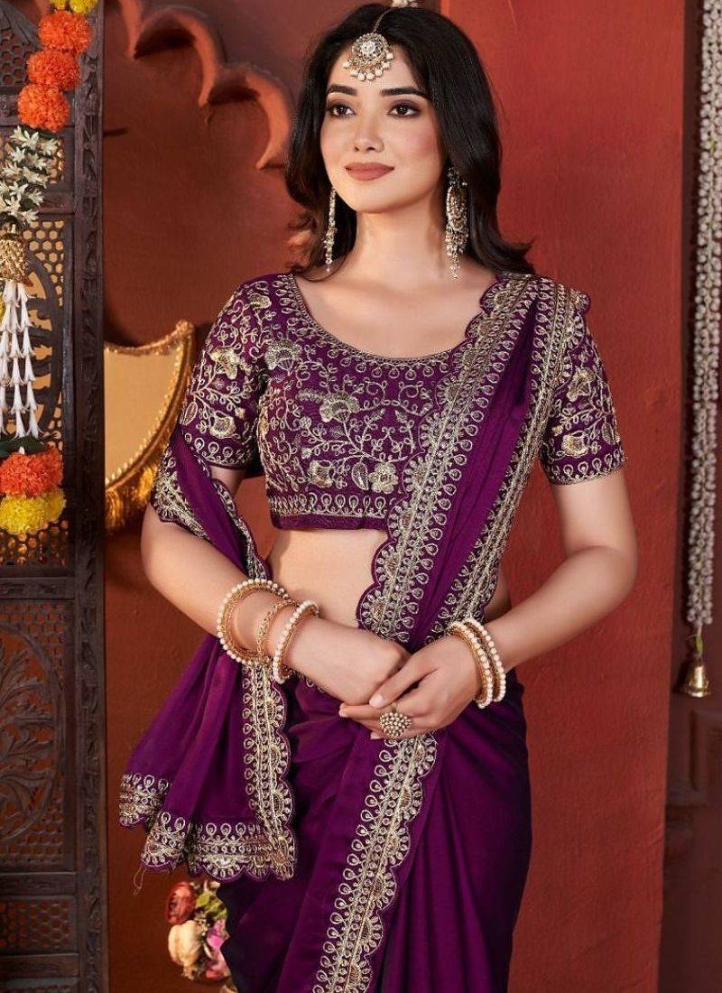 Designer purple heavy embroidered silk blend party wear saree with blouse