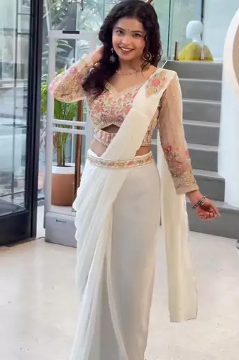 Off White Color Embroidered Burtta Work Faux Georgette Ready To Wear Saree