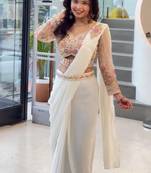 Off White Color Embroidered Burtta Work Faux Georgette Ready To Wear Saree