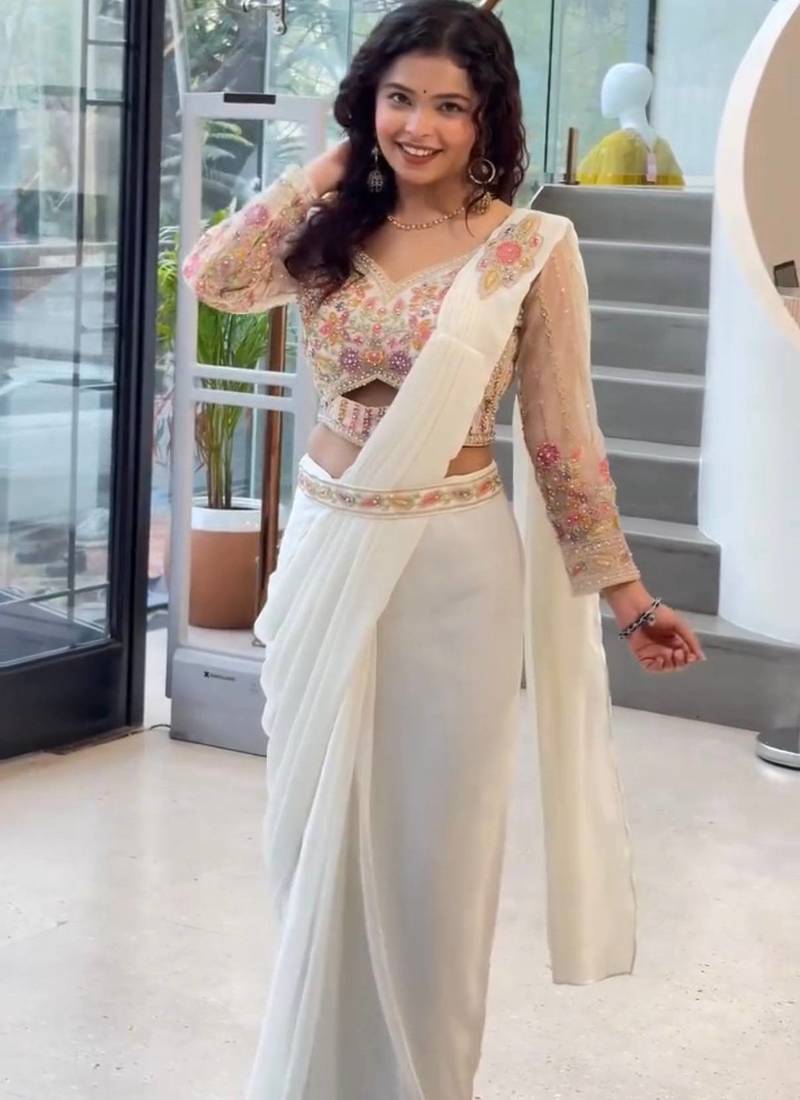 Off White Color Embroidered Burtta Work Faux Georgette Ready To Wear Saree