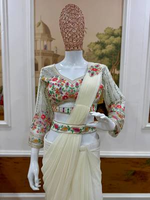 off white embroidered burtta work faux georgette ready to wear saree 2