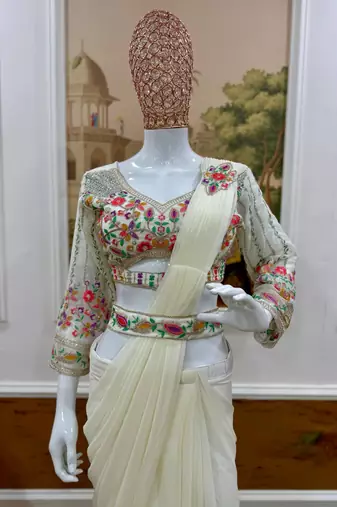 off white embroidered burtta work faux georgette ready to wear saree