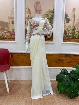 off white embroidered burtta work faux georgette ready to wear saree 3
