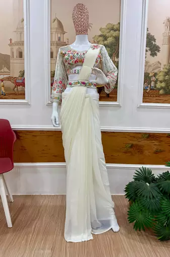 off white embroidered burtta work faux georgette ready to wear saree