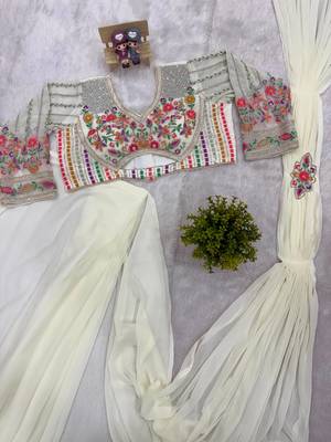 off white embroidered burtta work faux georgette ready to wear saree 4