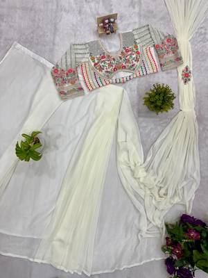 off white embroidered burtta work faux georgette ready to wear saree 5