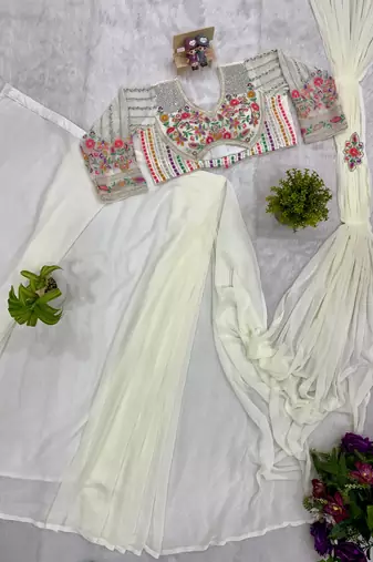 off white embroidered burtta work faux georgette ready to wear saree