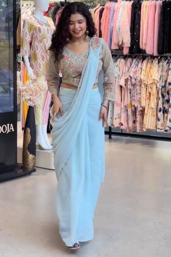 Sky Blue Color Embroidered Burtta Work Faux Georgette Ready To Wear Saree