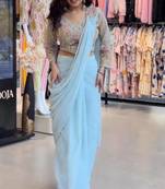 Sky Blue Color Embroidered Burtta Work Faux Georgette Ready To Wear Saree