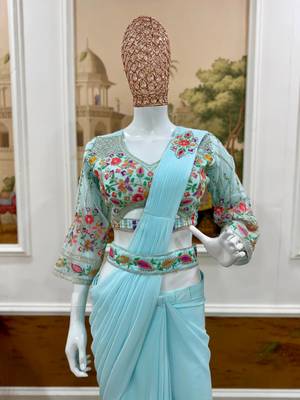 sky blue embroidered burtta work faux georgette pre draped saree 2