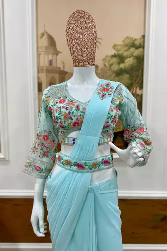 sky blue embroidered burtta work faux georgette pre draped saree