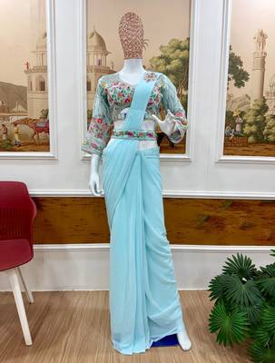 sky blue embroidered burtta work faux georgette pre draped saree 3