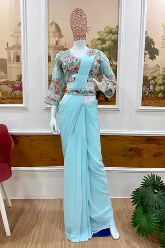 sky blue embroidered burtta work faux georgette pre draped saree