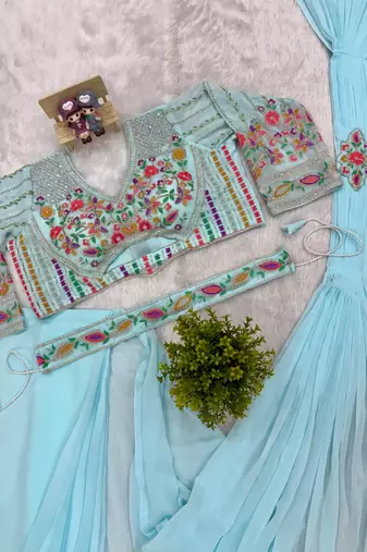 sky blue embroidered burtta work faux georgette pre draped saree