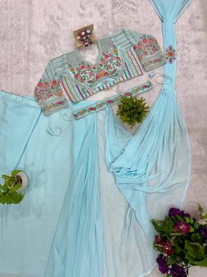 sky blue embroidered burtta work faux georgette pre draped saree 5