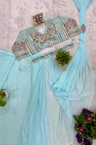 sky blue embroidered burtta work faux georgette pre draped saree