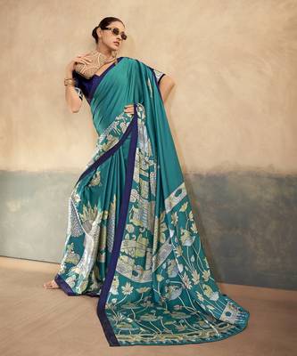 Firozi printed satin silk saree with unstitched blouse 1
