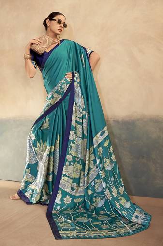 Firozi printed satin silk saree with unstitched blouse