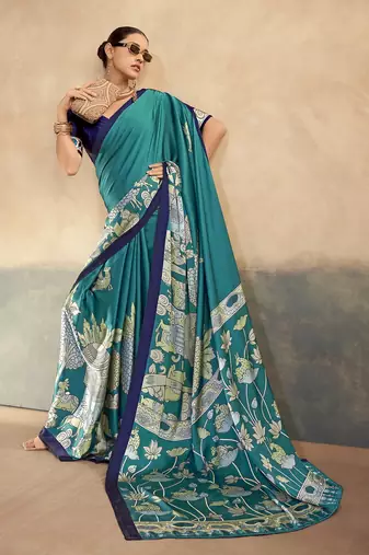 Firozi printed satin silk saree with unstitched blouse