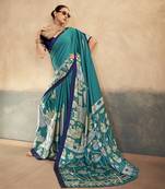 Firozi printed satin silk saree with unstitched blouse
