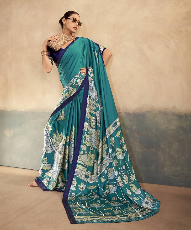 Firozi printed satin silk saree with unstitched blouse