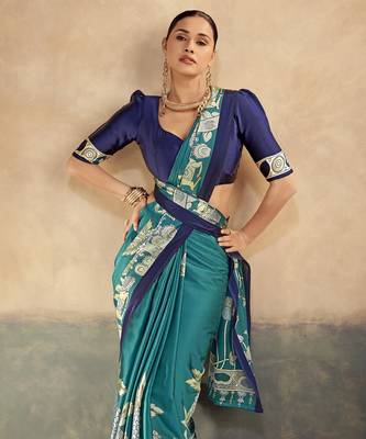 Firozi printed satin silk saree with unstitched blouse 2