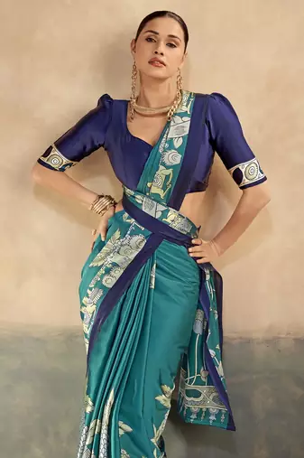 Firozi printed satin silk saree with unstitched blouse