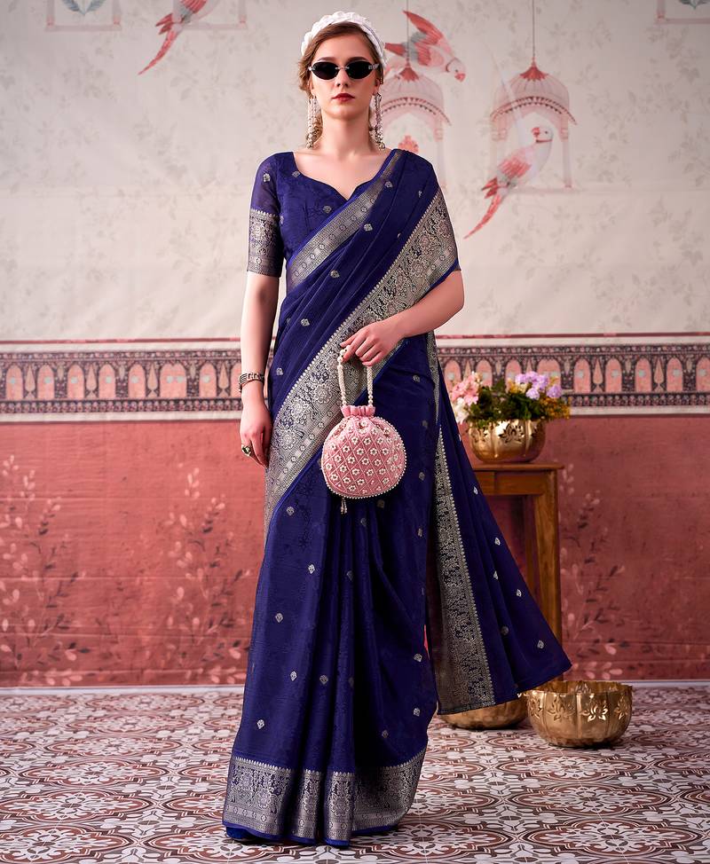  chinon self print saree with zari woven design
