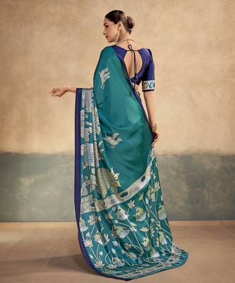 Firozi printed satin silk saree with unstitched blouse 3